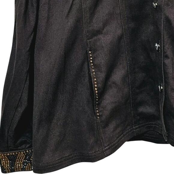 The Quacker Factory Brown Denim Jacket Size XL Animal Print Embellished Pockets - Picture 4 of 9